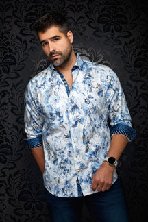 Front view of men's white printed button-up shirt with blue floral pattern and contrast rolled cuffs by Au Noir