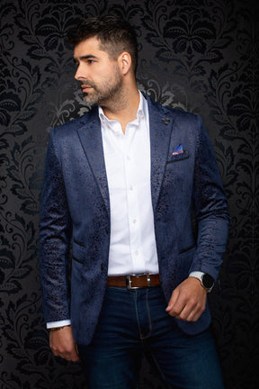 Au Noir men's balanced front view of navy paisley blazer showing notched lapels, pockets, and straight hem