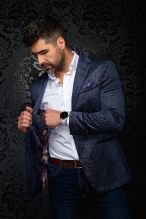 Au Noir men's angled close view of navy paisley blazer opened to show patterned lining and black pocket trim