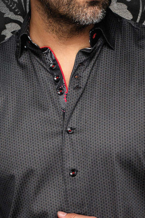 Au Noir men's dark gray geometric shirt with red piping and contrast inner placket, close-up
