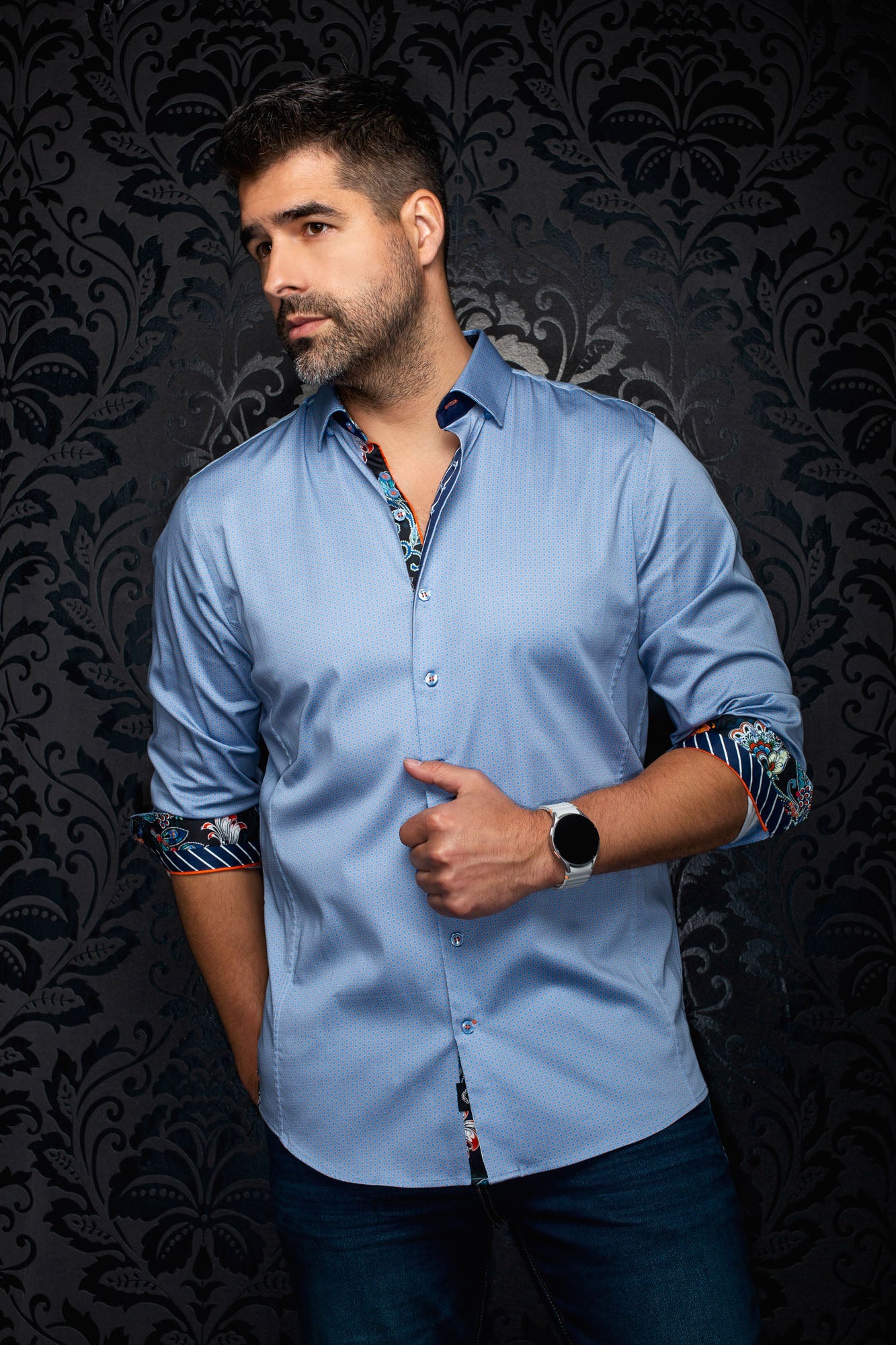 Au Noir men's light blue geometric button-up shirt with rolled contrast cuffs, front model view