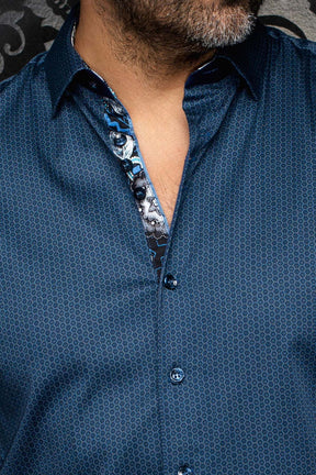 Au Noir men's blue patterned button-up shirt with spread collar and contrast floral inner placket, close-up