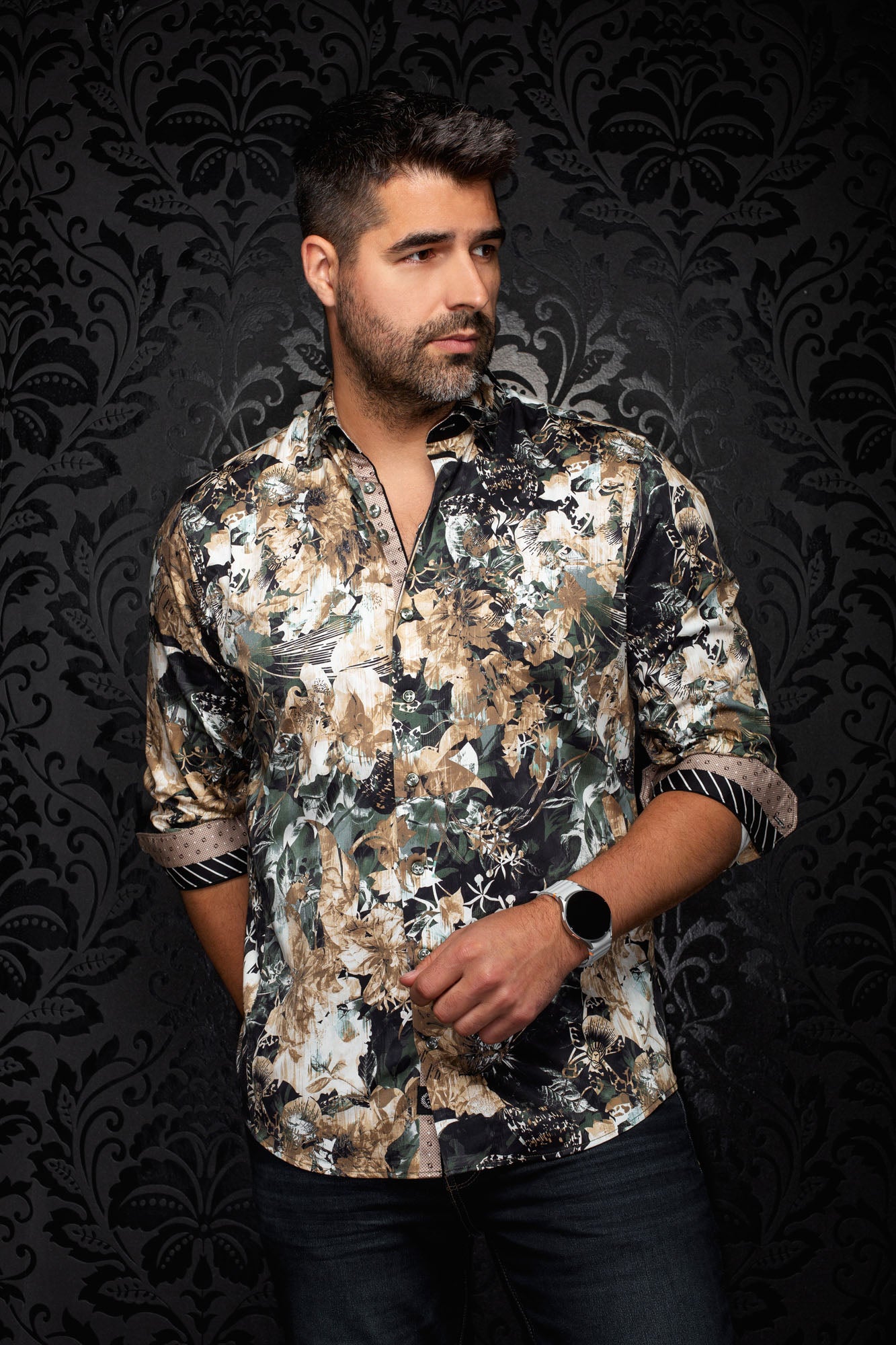 Men's beige floral abstract button-up shirt, front model view with rolled contrast cuffs by Au Noir