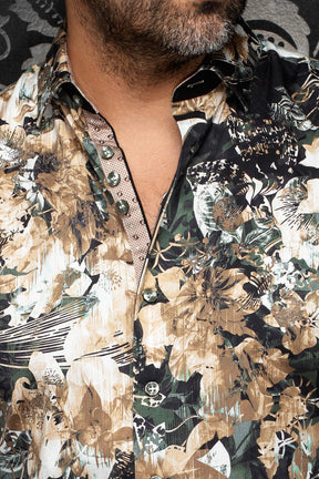 Au Noir men's beige floral button-up shirt collar, dark piping, and contrast inner placket, close-up
