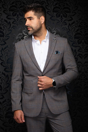 Men's gray-brown plaid blazer front view with notch lapels, button closure, and lower pockets by Au Noir