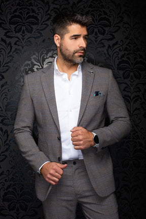 Au Noir men's gray-brown plaid blazer front view with notch lapels, blue lines, and chest pocket