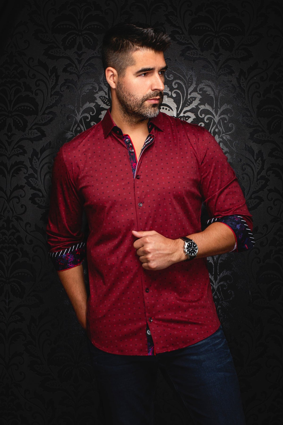 Knit long sleeve shirt for men by Au Noir | CLYDE Bordeaux | Menshirt, complete inventory of the Au Noir brand