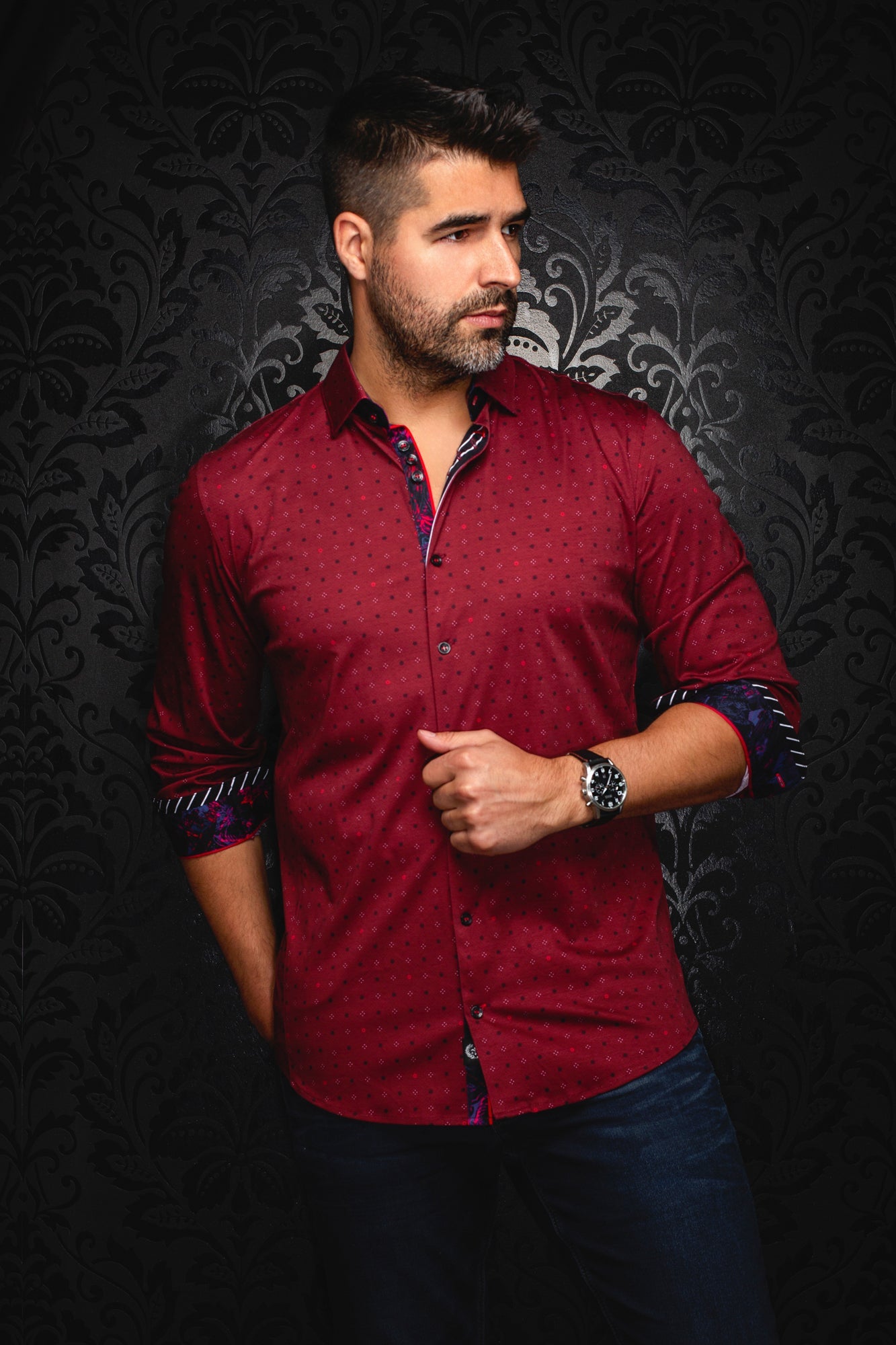 Knit long sleeve shirt for men by Au Noir | CLYDE Bordeaux | Menshirt, complete inventory of the Au Noir brand