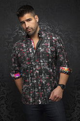 Long sleeve shirt for men by Au Noir | CONTRERAS Black Red | Menshirt, complete inventory of the Au Noir brand