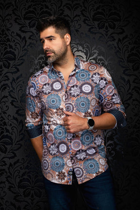 Au Noir men's tan printed button-up shirt with teal medallions and rolled contrast cuffs, front model view