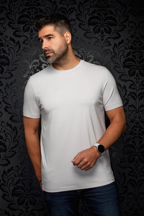 Au Noir men's light gray short sleeve crewneck T-Shirt with plain solid body shown from the front