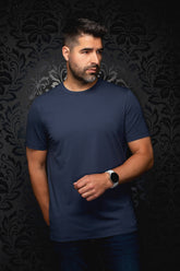 Men's navy crewneck Short-sleeve T-Shirt, front view on model by Au Noir