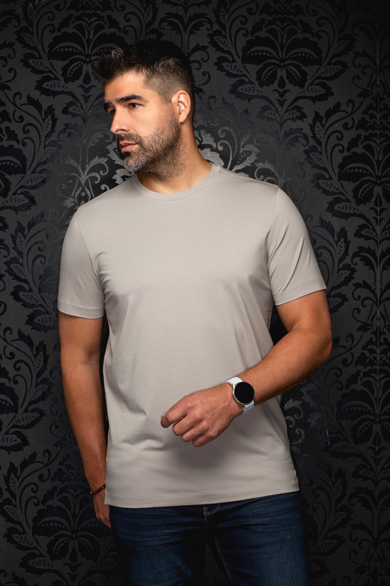 Au Noir men's light gray short sleeve crewneck T-Shirt with straight hem, front model view