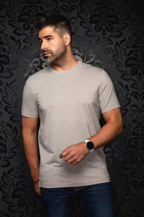 Au Noir men's light gray short sleeve crewneck T-Shirt with straight hem, front model view