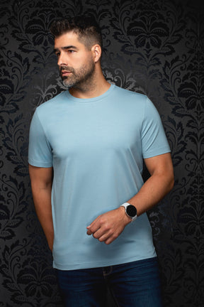 Men's light blue crewneck Short-sleeve T-Shirt on model, front view with straight hem by Au Noir