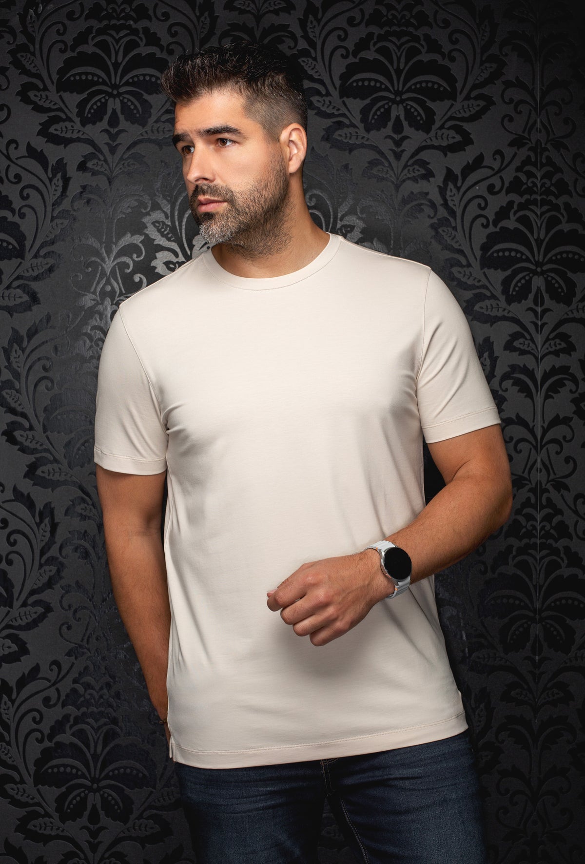 Au Noir men's cream short sleeve crewneck T-Shirt with tonal stitching and straight hem, front view