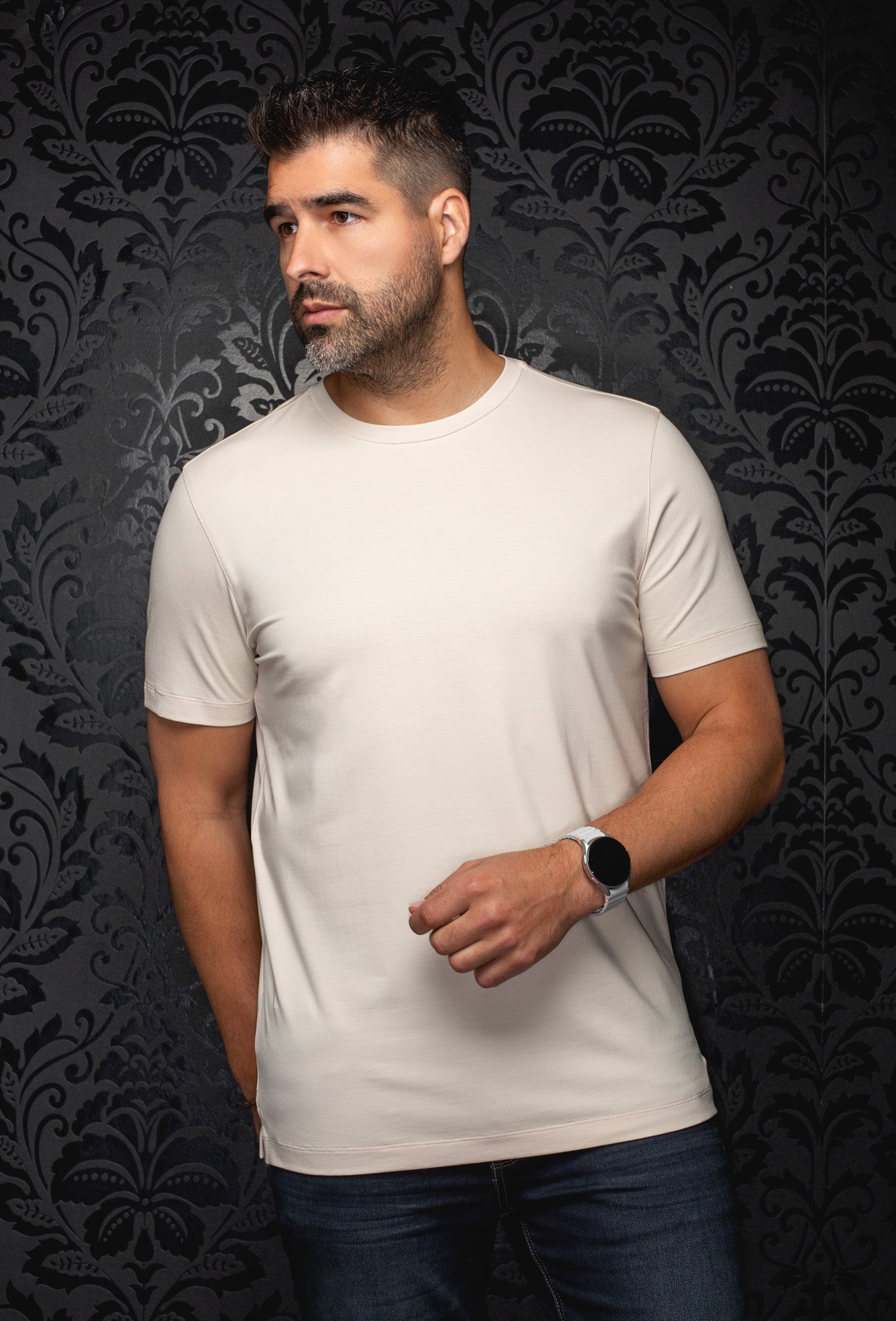 Au Noir men's cream short sleeve crewneck T-Shirt with tonal stitching and straight hem, front view