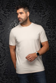 Au Noir men's cream short sleeve crewneck T-Shirt with tonal stitching and straight hem, front view