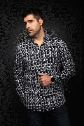 Men's angled model view of black and white abstract print button-up shirt with open collar, side view by Au Noir