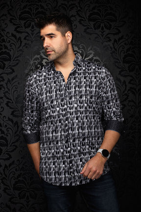 Au Noir men's black and white abstract print button-up shirt with rolled cuffs and open collar shown from the front