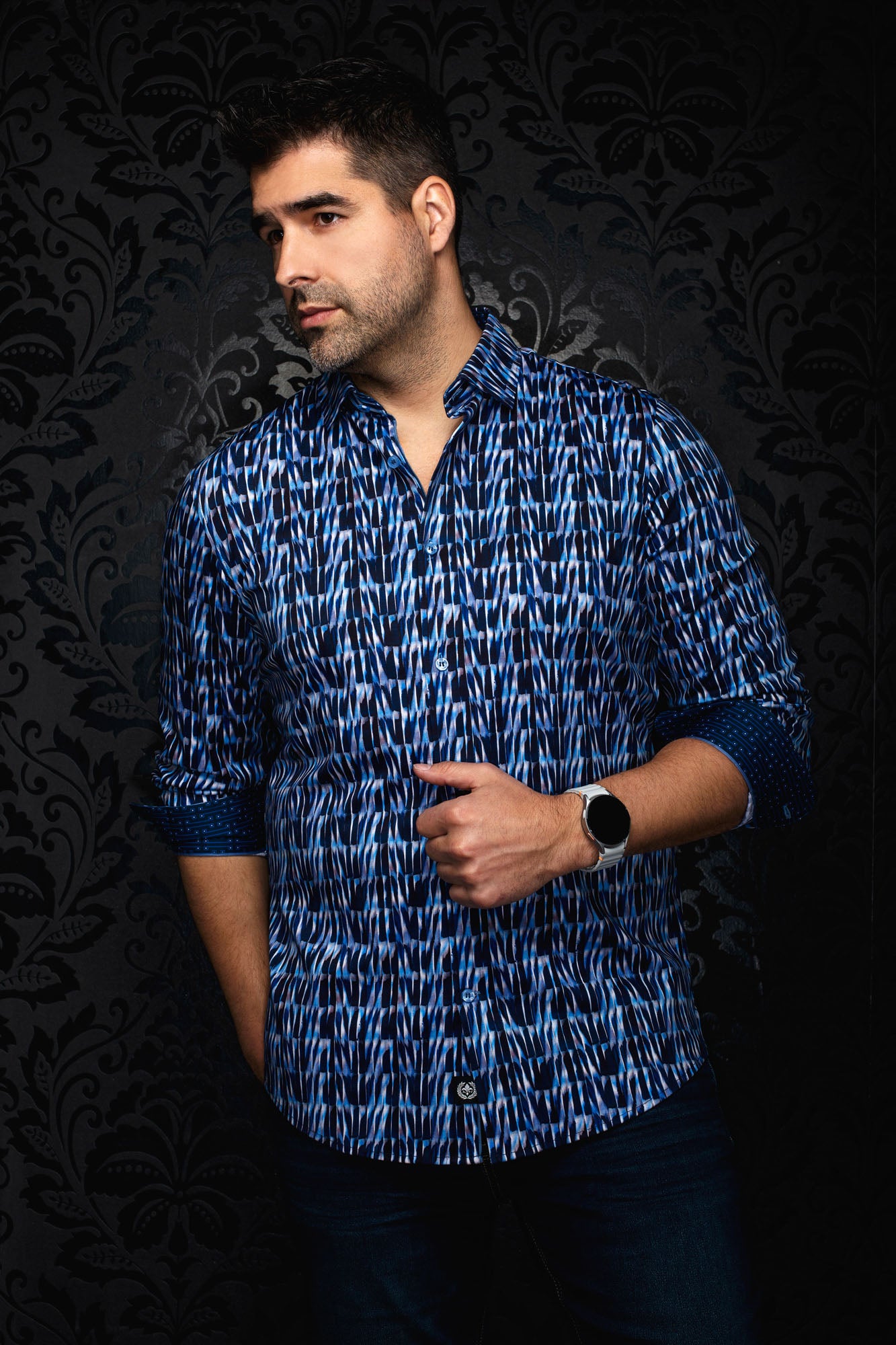 Au Noir men's blue abstract print button-up shirt with rolled cuffs and contrast inner trim, front view