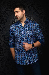 Au Noir men's blue abstract print button-up shirt with rolled cuffs and contrast inner trim, front view