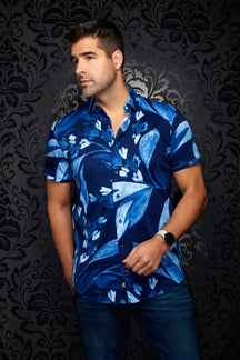 Chemise manches courtes en Knit extensible pour homme par Au Noir | DEW (SS) Marine | Machemise.ca, inventaire complet de la marque Au Noir