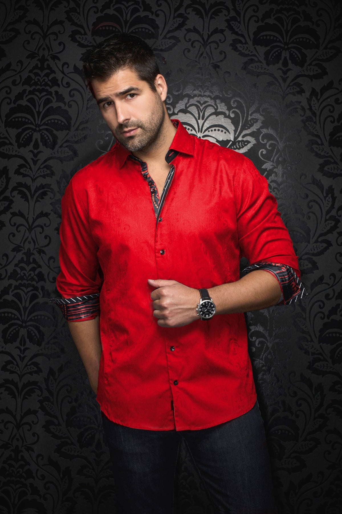 Long sleeve shirt for men by Au Noir | DOMINION Red | Menshirt, complete inventory of the Au Noir brand