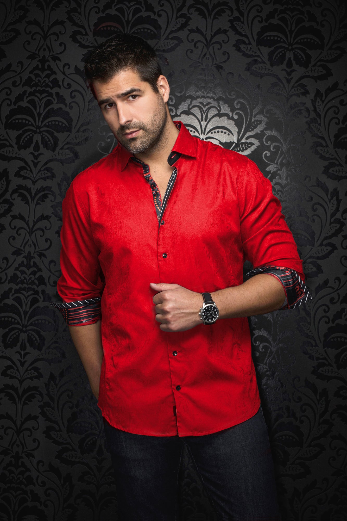 Long sleeve shirt for men by Au Noir | DOMINION Red | Menshirt, complete inventory of the Au Noir brand
