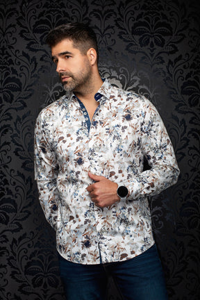 Men's white floral button-up shirt on model, angled front view with navy contrast collar detail by Au Noir