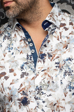 Au Noir men's white floral shirt collar, navy inner placket, and white buttons, close-up