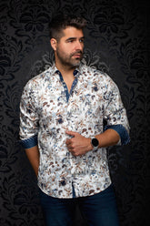 Au Noir men's white floral button-up shirt, front model view with navy contrast placket and rolled cuffs