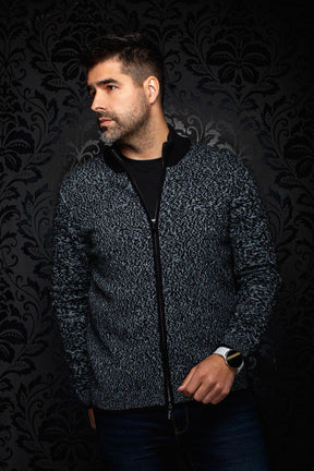 Au Noir men's black and light gray marled knit zip cashmere sweater with stand collar, front model view