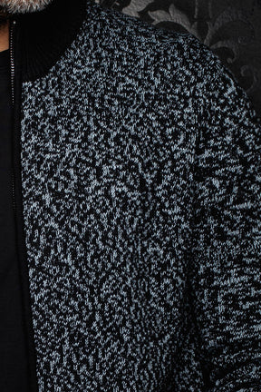 Au Noir men's black and light gray marled knit cashmere jacket sleeve and chest texture, close-up