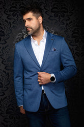 Au Noir men's blue textured blazer with notch lapels, chest pocket and lower flap pockets, front view