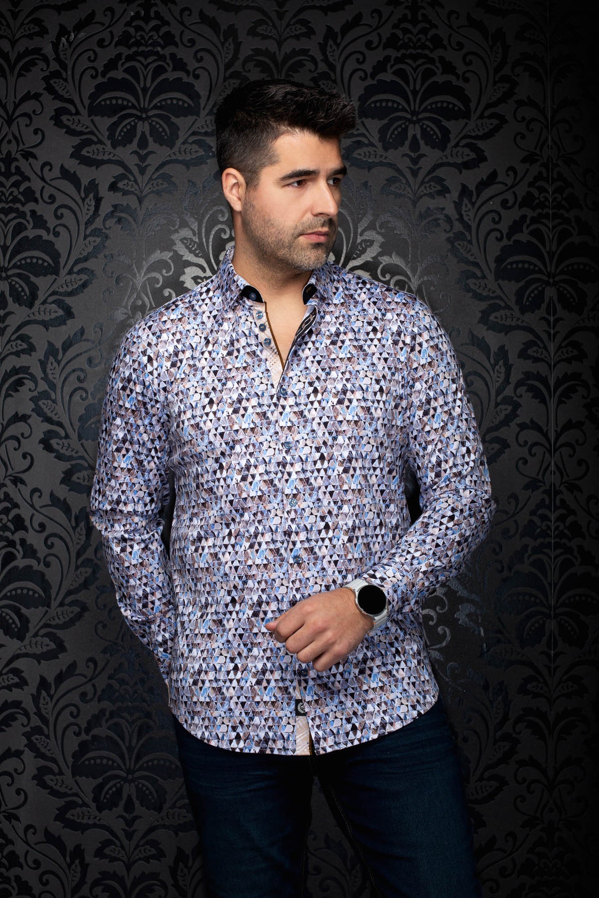 Au Noir men's light blue and white geometric print button-up shirt with contrast placket, front model view