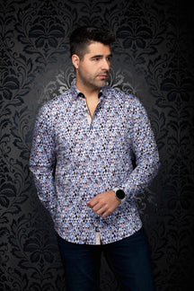 Au Noir men's light blue and white geometric print button-up shirt with contrast placket, front model view