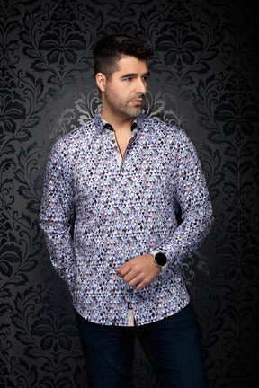Chemise boutonnée à motif géométrique bleu pâle et blanc, patte contrastante pour homme par Au Noir, vue de face