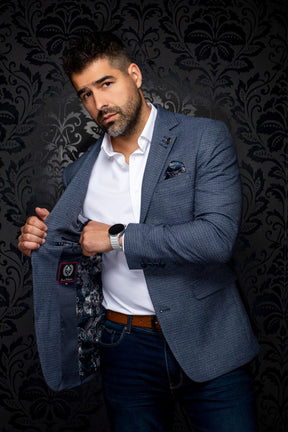 Au Noir men's angled view of a blue-gray checked blazer opened to show dark floral lining and inner label, detail view