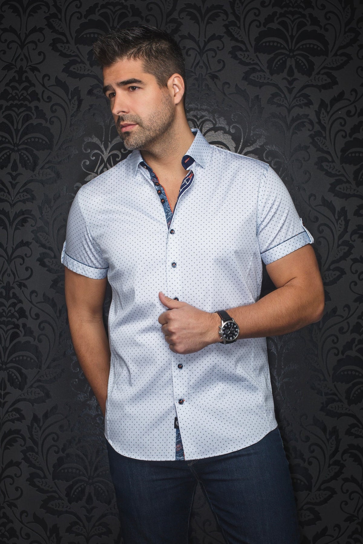 Chemise manches courtes pour homme par Au Noir | FARO(SS) Blanc Bleu | Machemise.ca, inventaire complet de la marque Au Noir