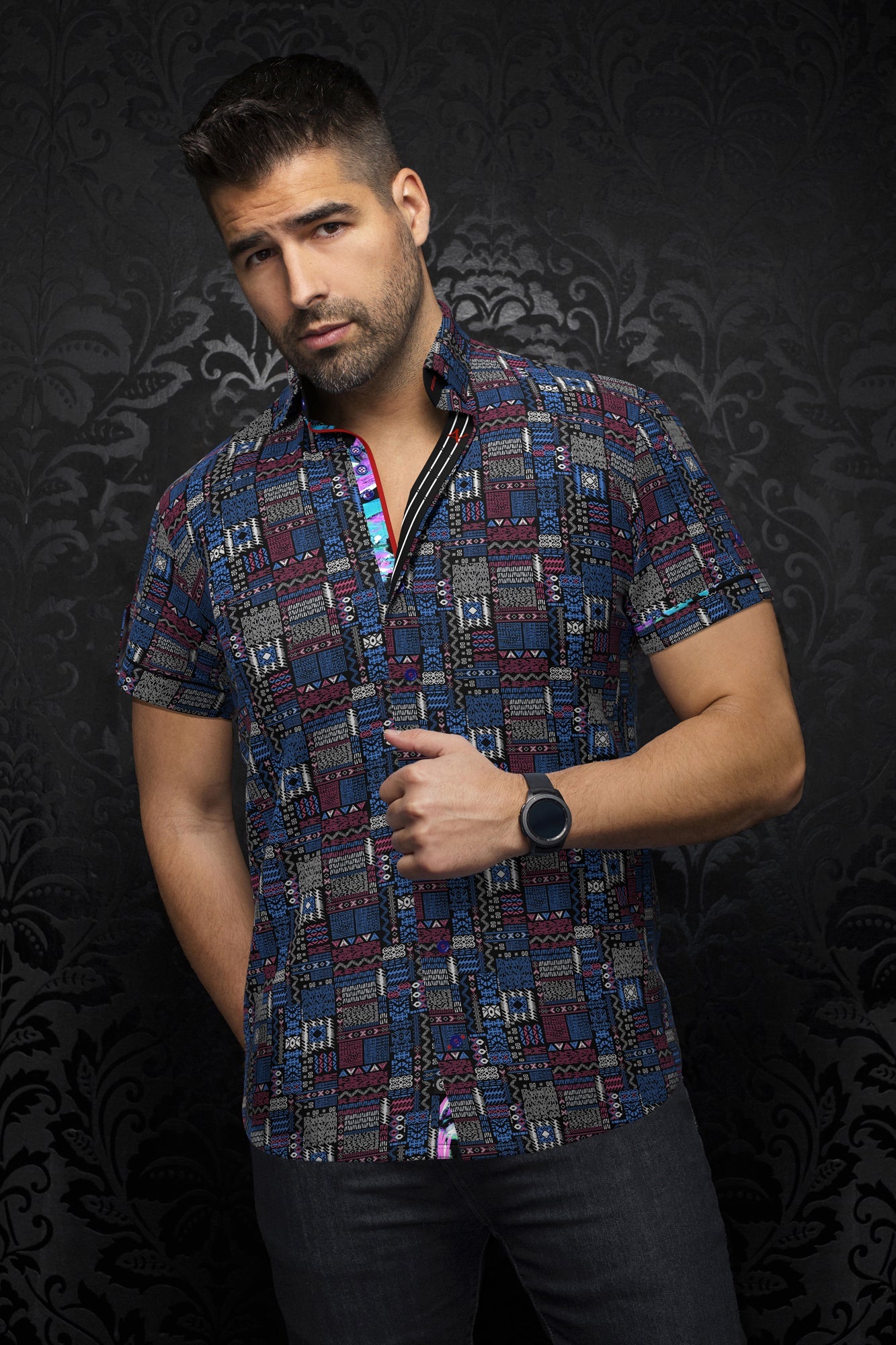 Knit short sleeve shirt for men by Au Noir | FINLAY(SS) Noir Multi | Menshirt, complete inventory of the Au Noir brand