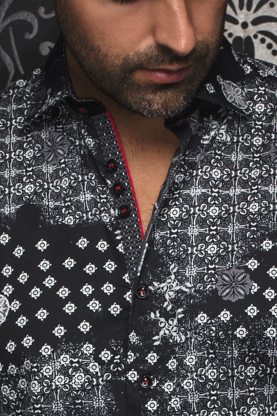Long sleeve shirt for men by Au Noir | FLORIANI Black Red | Menshirt, complete inventory of the Au Noir brand