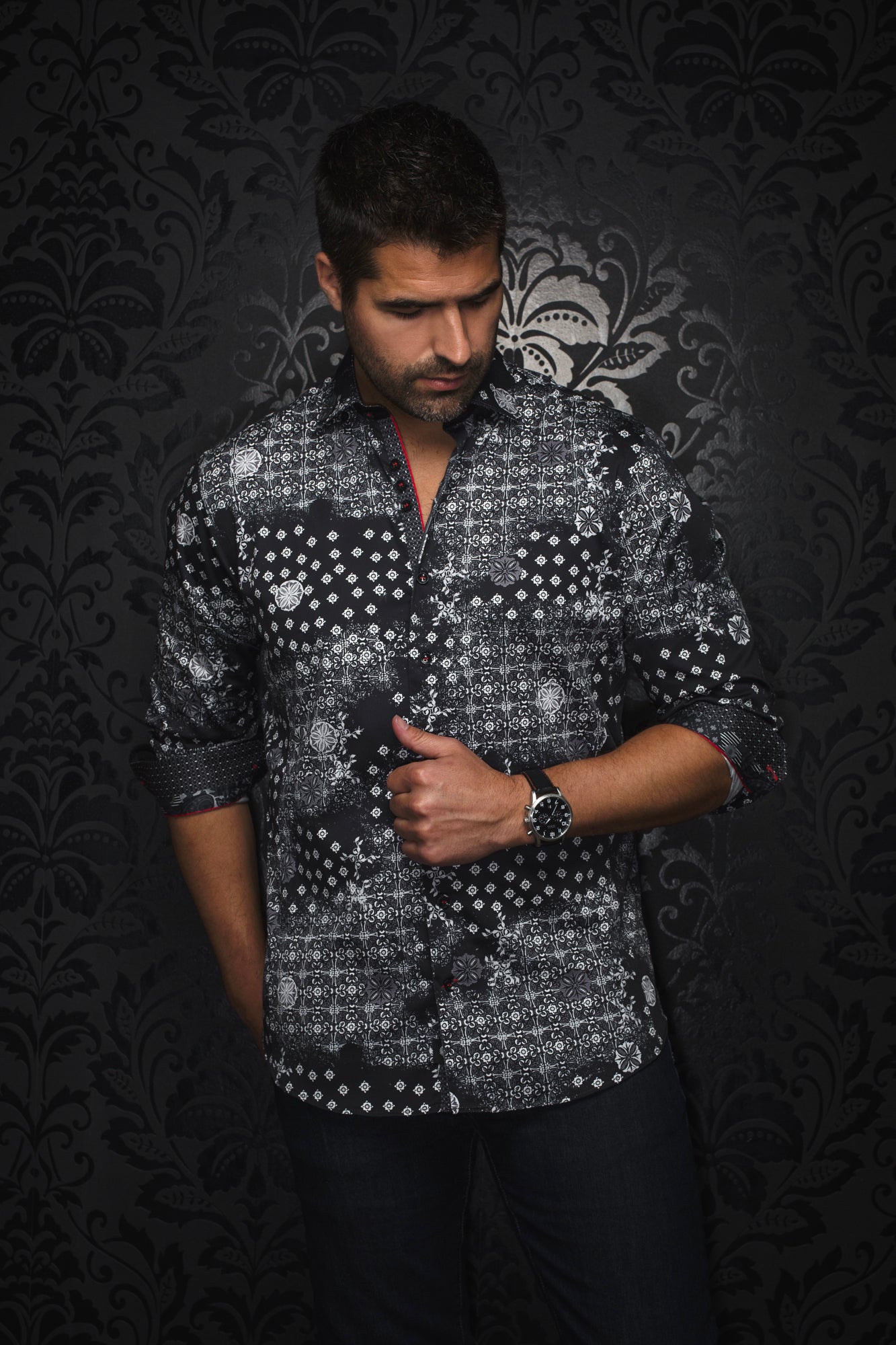 Long sleeve shirt for men by Au Noir | FLORIANI Black Red | Menshirt, complete inventory of the Au Noir brand