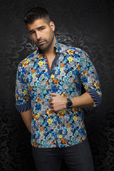 Knit long sleeve shirt for men by Au Noir | FLORINA Turquoise Multi | Menshirt, complete inventory of the Au Noir brand