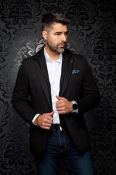 Au Noir men's black textured blazer with zip-front knit insert, centered front model view