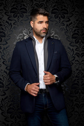Au Noir men's navy textured blazer with notch lapels and a gray zip-front inner layer, front view
