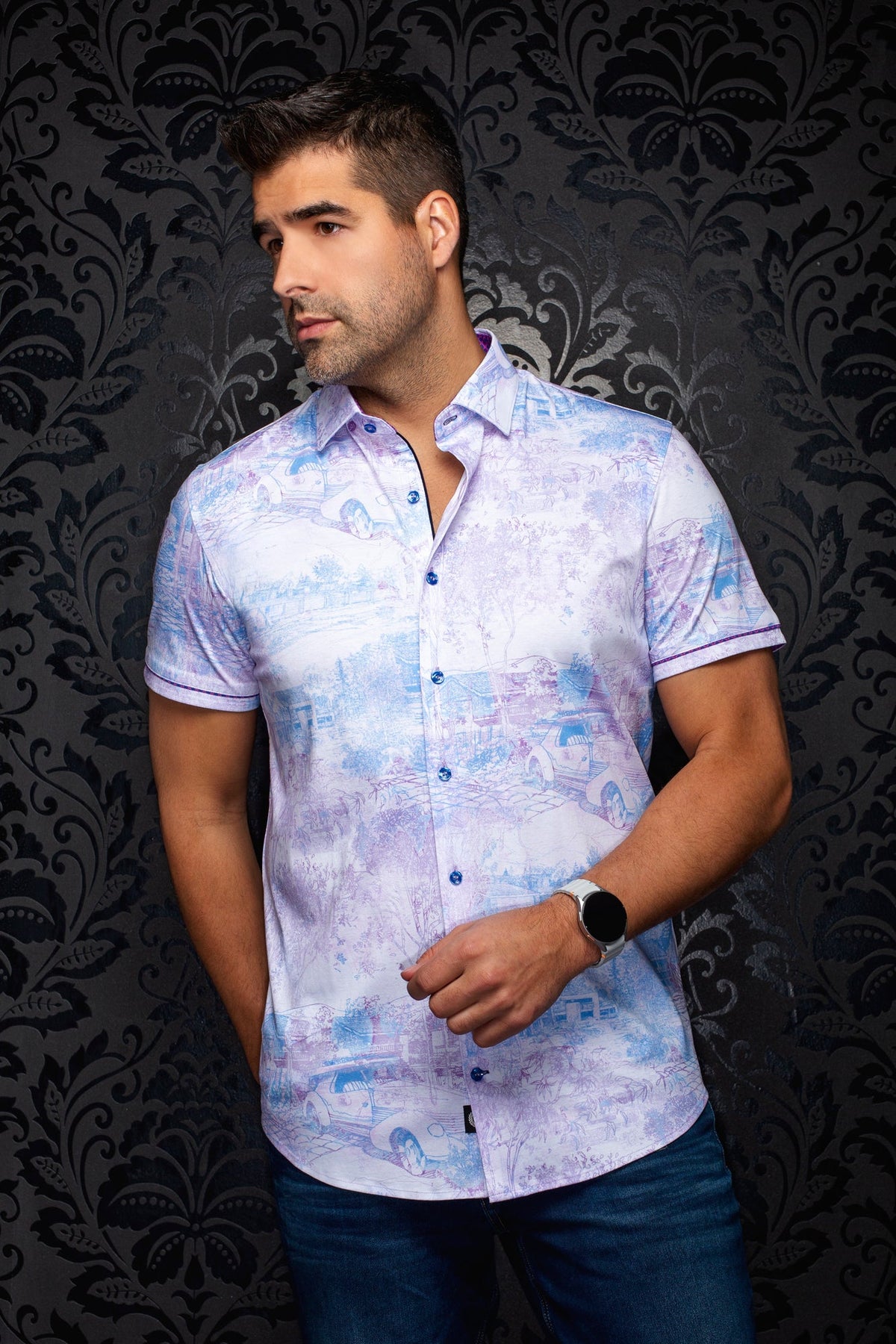 Chemise manches courtes en Knit extensible pour homme par Au Noir | GAVELSTON (SS) Rose | Machemise.ca, inventaire complet de la marque Au Noir