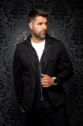 Au Noir men's black hooded blazer front view, with zip insert, drawstrings, notched lapels, and front pockets