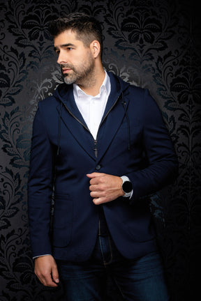 Au Noir men's angled model view of a navy blazer with notched lapels, hooded zip insert, and front pockets, side view