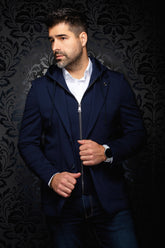 Au Noir men's navy blazer with hooded zip insert, drawstrings, and single button, front model view